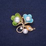 Sale! Flowers Brooch with Pearl Beads Enamel White Green Blue 34x30mm Gold-tone Metal