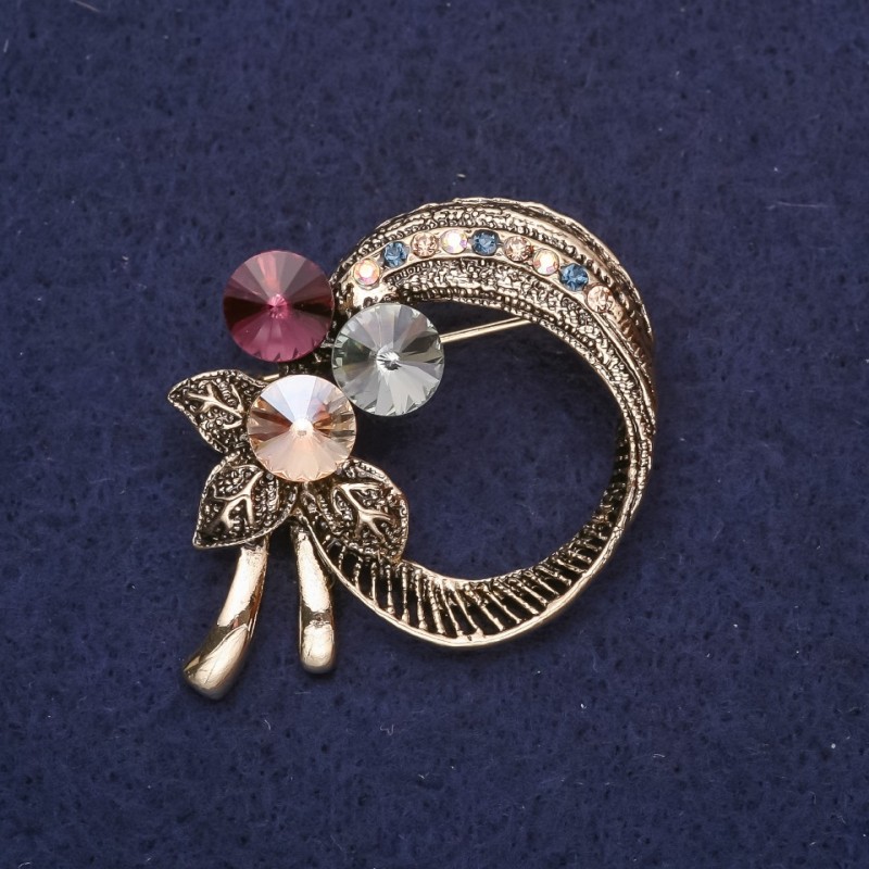 Bouquet Brooch with Rhinestones Purple Champagne Grey Blue Chameleon 32x32mm Gold-tone Metal