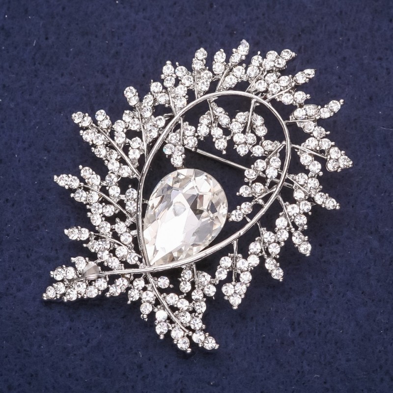Frosty Twig Brooch with White Rhinestones, 57x47mm, Silver-Tone Metal