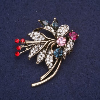 Bouquet Brooch with Stones and Rhinestones Red Blue Pink Burgundy White 48x40mm Gold-tone Metal