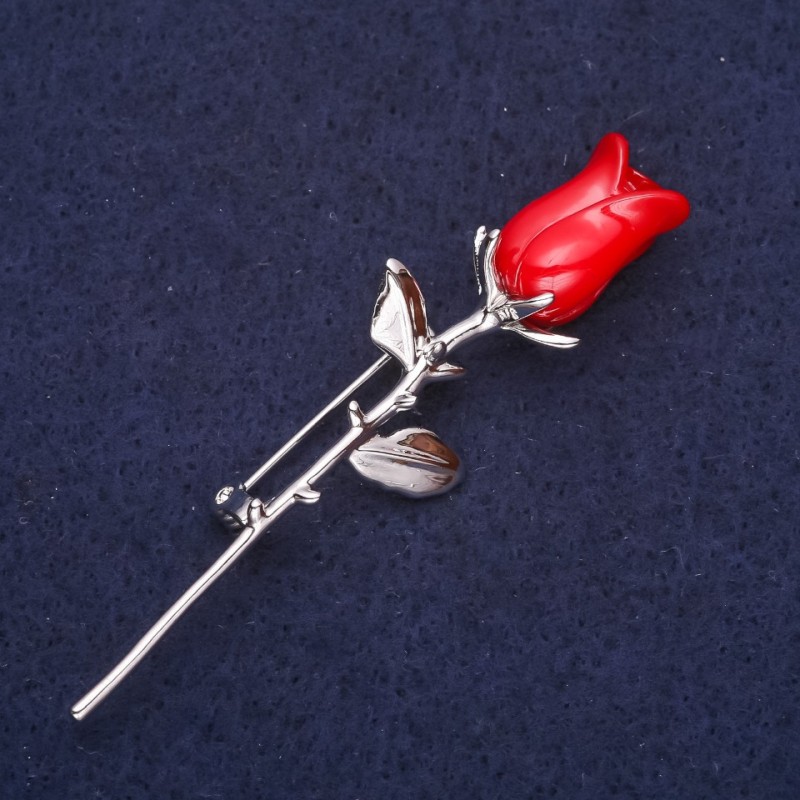 Rose Flower Brooch, Red Colour, 66x19mm, Silver-tone Metal
