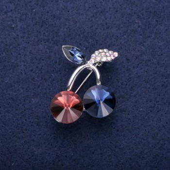 Cherries Brooch with Stones and Rhinestones, Blue Burgundy Chameleon Colour, 24x29mm Silver-Tone Metal