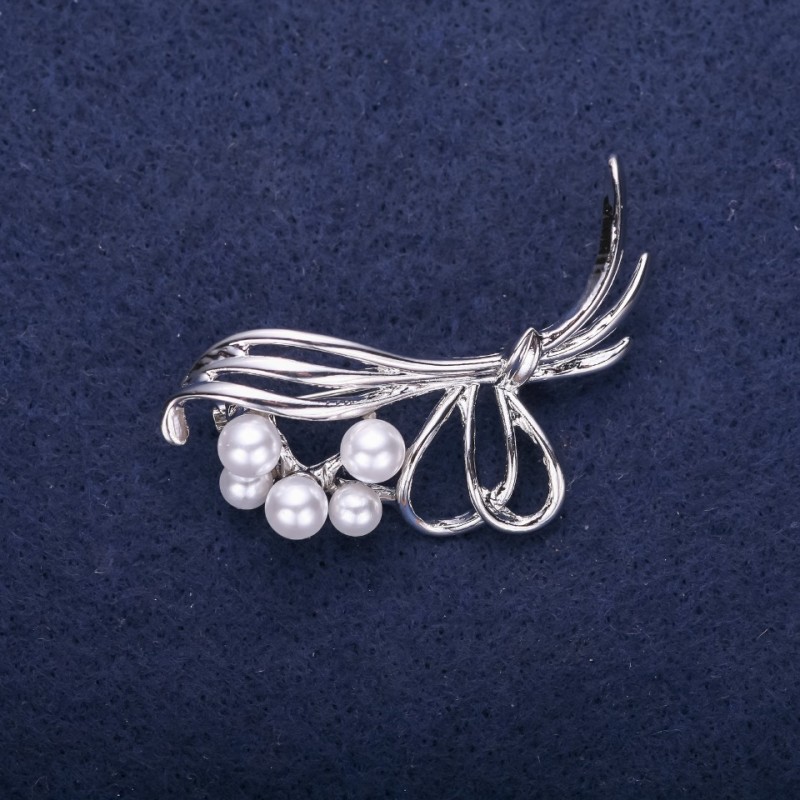 Sale! Clearance Bouquet Brooch with White Pearl Beads 50x22mm Silver-tone Metal
