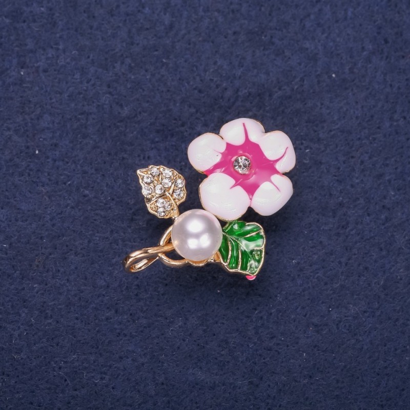 Flower Brooch with Pearl Bead, Enamel, Rhinestones, White Green Raspberry Colour 32x23mm Gold-tone Metal