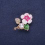 Flower Brooch with Pearl Bead, Enamel, Rhinestones, White Green Raspberry Colour 32x23mm Gold-tone Metal