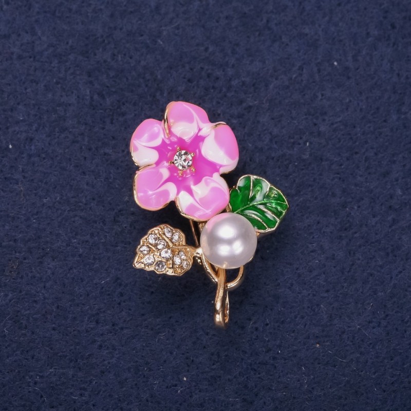 Flower Brooch with Pearl Bead, Enamel & Rhinestones, White Green Pink, 32x23mm, Gold-tone Metal