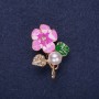 Flower Brooch with Pearl Bead, Enamel & Rhinestones, White Green Pink, 32x23mm, Gold-tone Metal