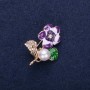 Flower Brooch with Pearl Bead, Enamel & Rhinestones, White Green Purple, 32x23mm, Gold-tone Metal