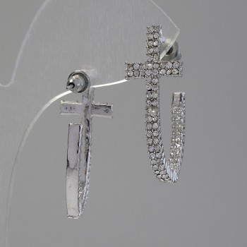 Stud earrings with half-hoops in the shape of a cross / clear crystal stones / silver-toned metal / 35 x 7 mm