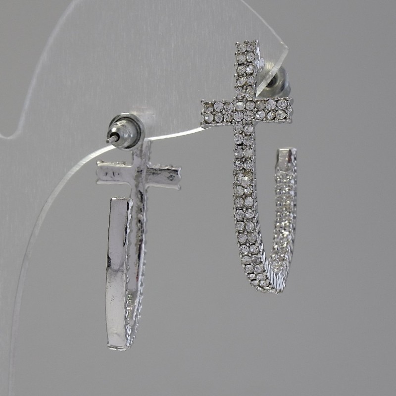 Stud earrings with half-hoops in the shape of a cross / clear crystal stones / silver-toned metal / 35 x 7 mm