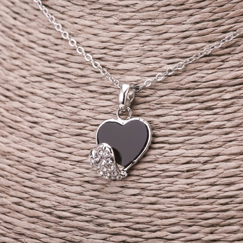 Hearts Pendant on Chain with Rhinestone Inlay Black White Diameter 13x17mm Length 45-50cm Silver-tone Metal