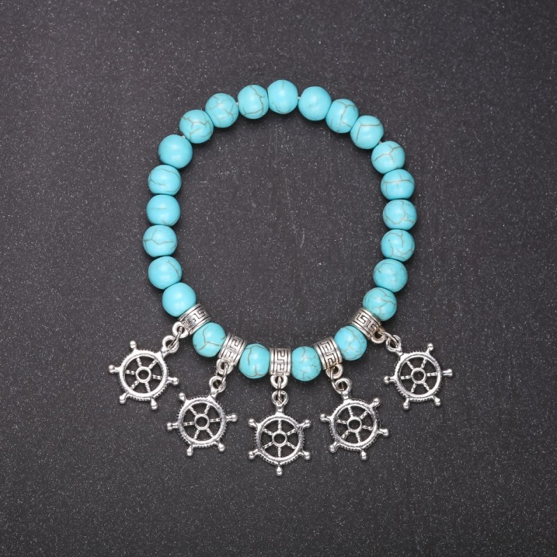 Turquoise (Imitation) Bracelet with Ship's Wheel Charms, Smooth Round Bead, Diameter 8mm, Length 18cm on Elastic