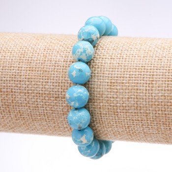 Variscite (Pressed) Bracelet, Blue Smooth Round Bead, Diameter 10mm, Length 18cm on Elastic