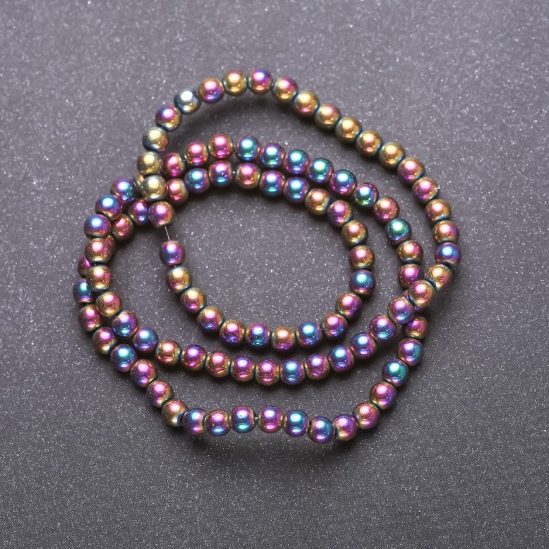 Hematite Beads on Strand with Rainbow AB Coating "Petrol", Smooth Ball, Diameter 4mm, Length 38cm