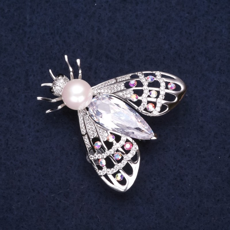 Sale! Butterfly Brooch, silver-tone metal with bead, rhinestones and crystal 34x35mm +
