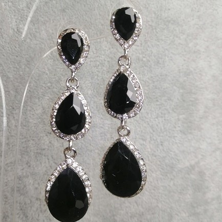 Earrings with Black Crystals, length 6cm, grey metal