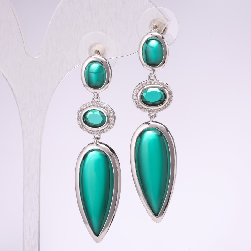 Evening Earrings 925 Series with Green Stone 13x50mm Silver-Tone Metal