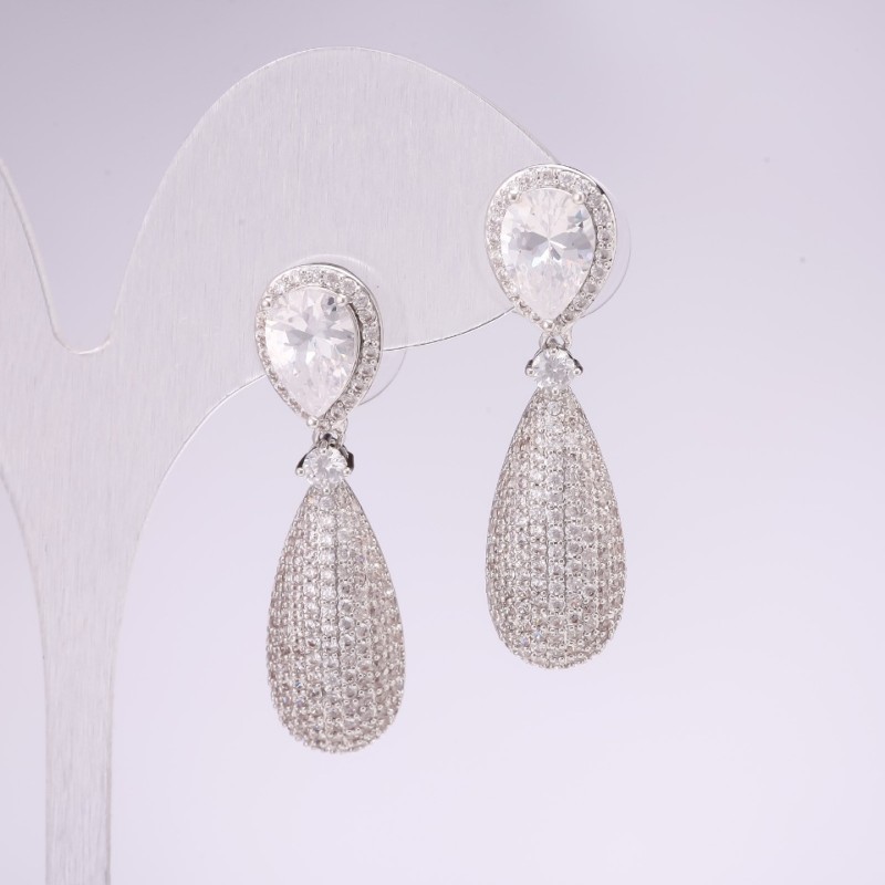 925 Series Evening Earrings with White Stone 38x10mm Silver-Tone Metal