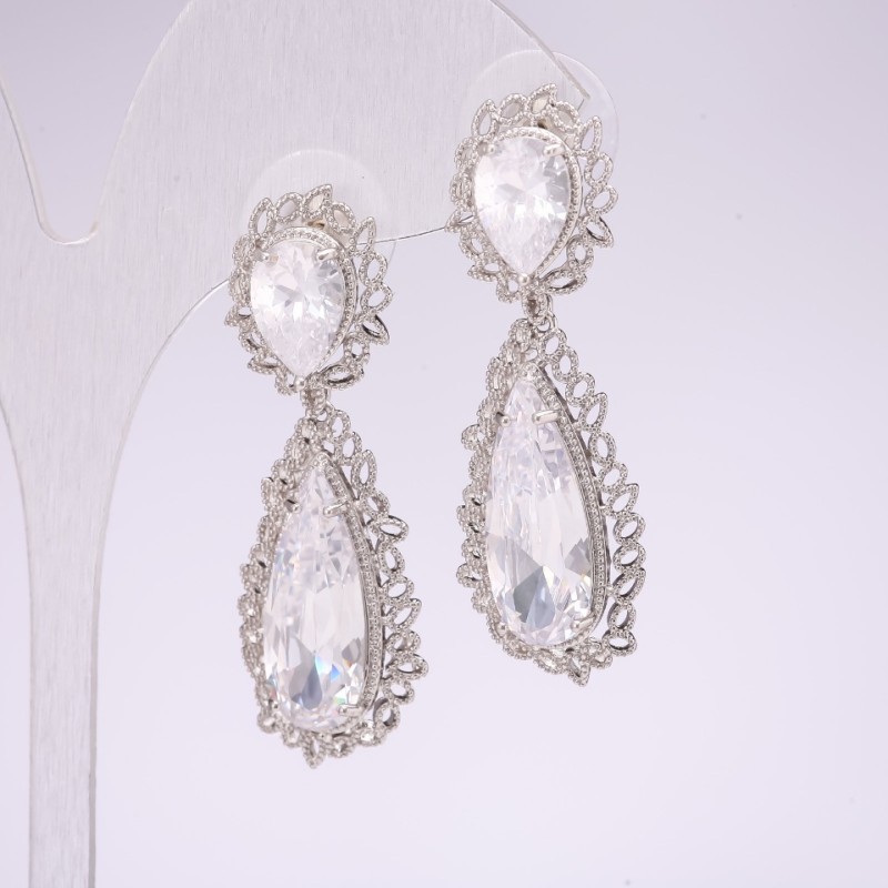 925 Series Evening Earrings with White Stone 45x15mm Silver-Tone Metal