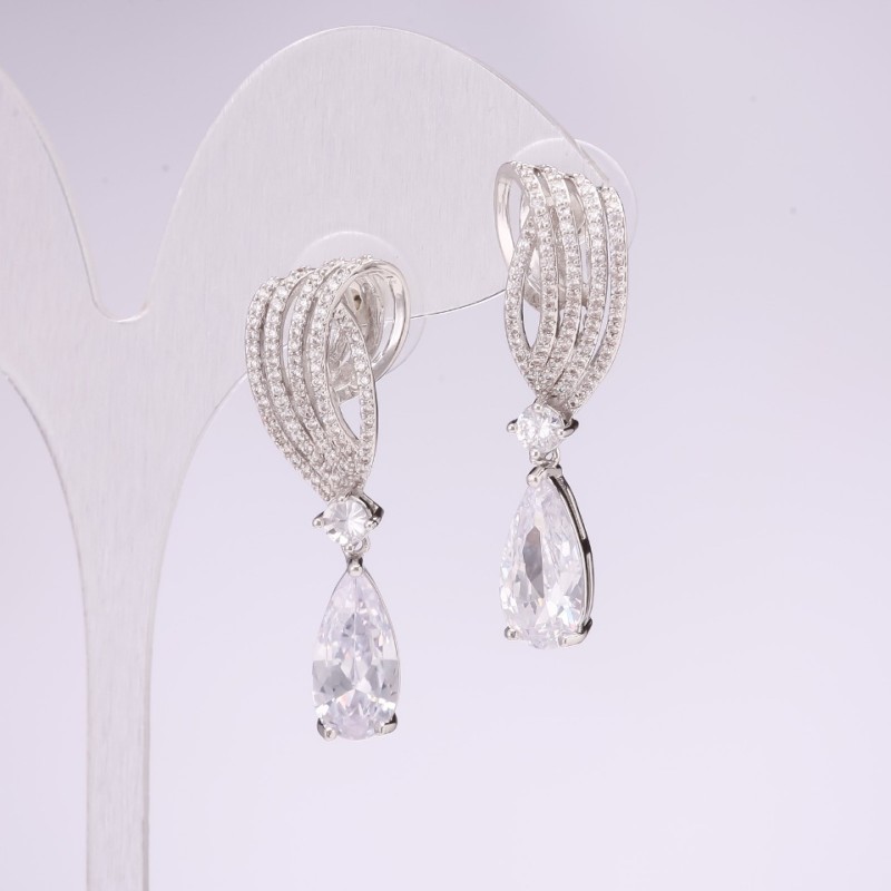 925 Series Evening Earrings with White Stone 38x10mm Silver-Tone Metal