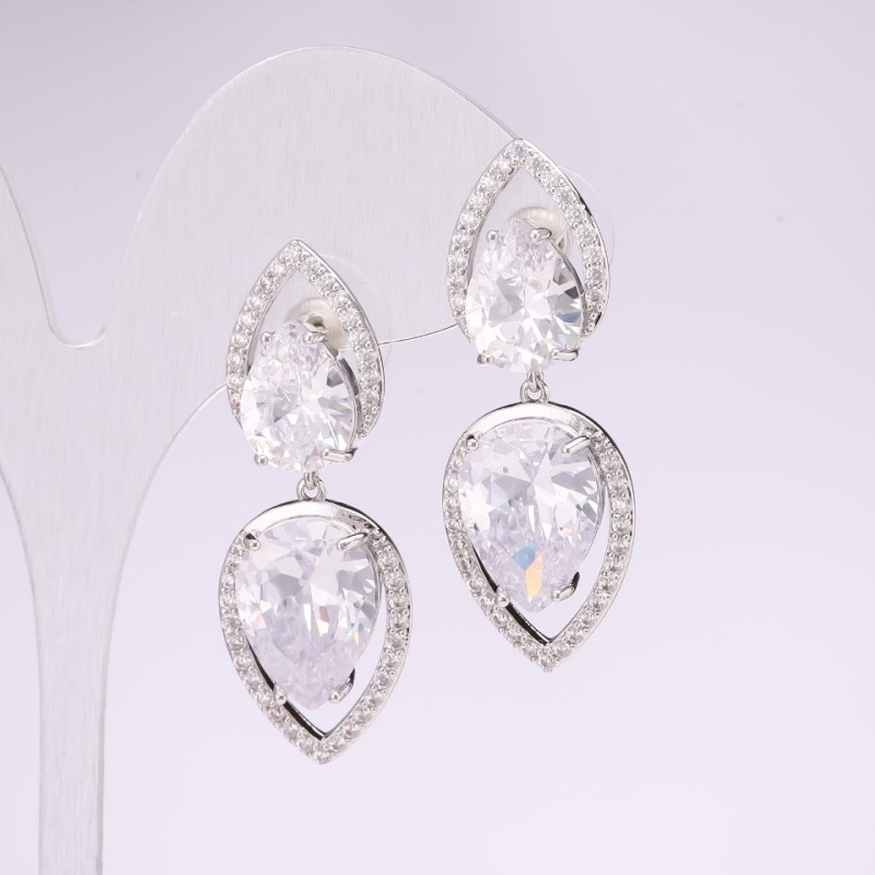 925 Series Evening Earrings with White Stone 15x41mm Silver-Tone Metal