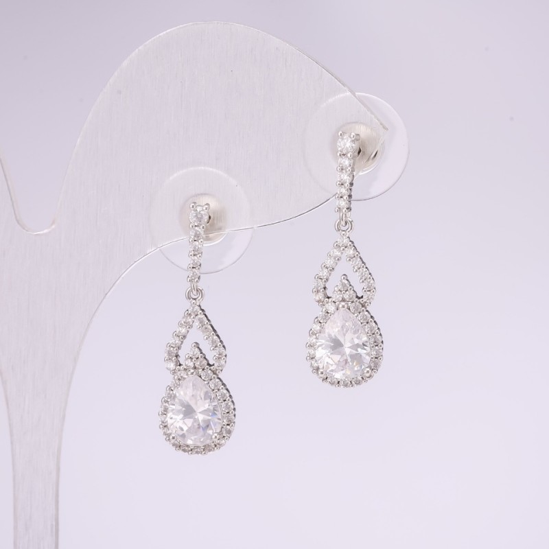 925 Series Rhinestone Earrings with White Stone 8x28mm Silver-Tone Metal