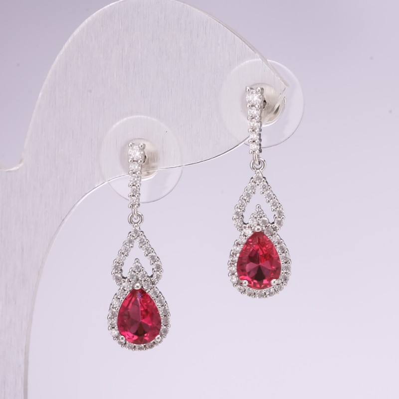 925 Series Rhinestone Earrings with Raspberry Stone 8x28mm Silver-Tone Metal