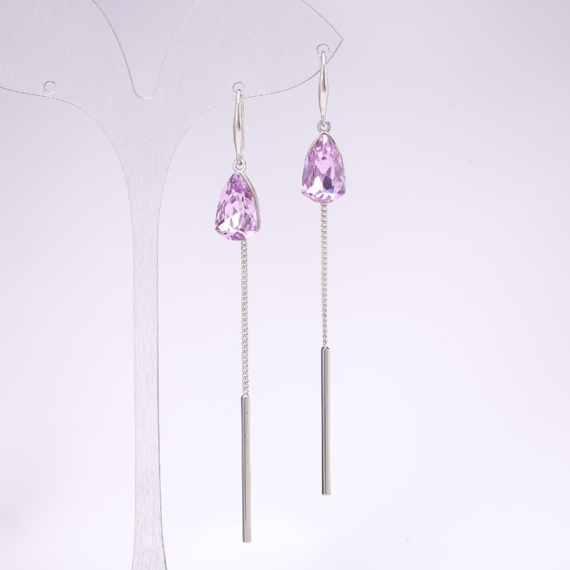 925 Series Long Earrings with Lilac Stone 8x85mm Silver-Tone Metal