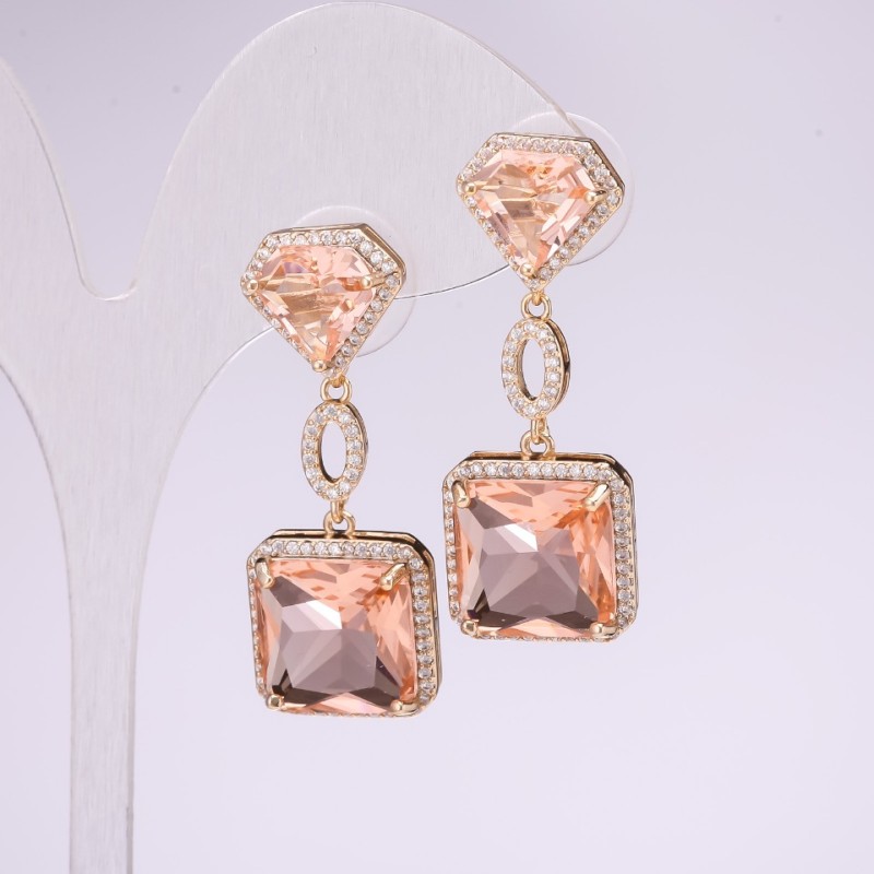 925 Series Evening Earrings with Champagne Stone 15x38mm Silver-Tone Metal