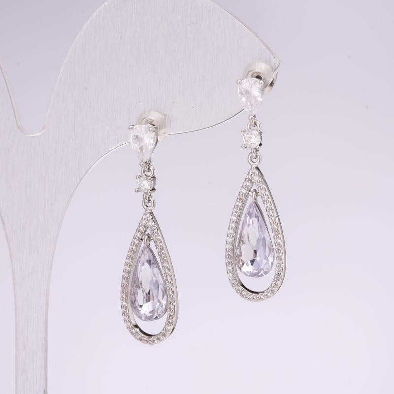 925 Series Drop Earrings with Grey Stone 10x35mm Silver-Tone Metal