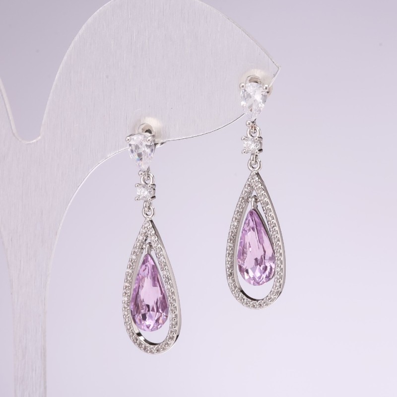 925 Series Drop Earrings with Lilac Stone 10x35mm Silver-Tone Metal
