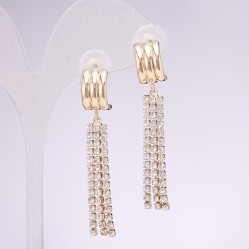 925 Series Drop Earrings with White Rhinestones 10x50mm Gold-Tone Metal