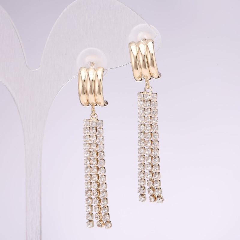 925 Series Drop Earrings with White Rhinestones 10x50mm Gold-Tone Metal