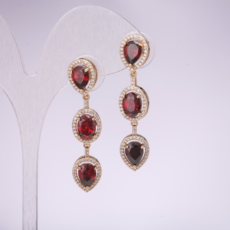 Evening Earrings Series 925 with Red Stones 45x10mm Gold-Tone Metal