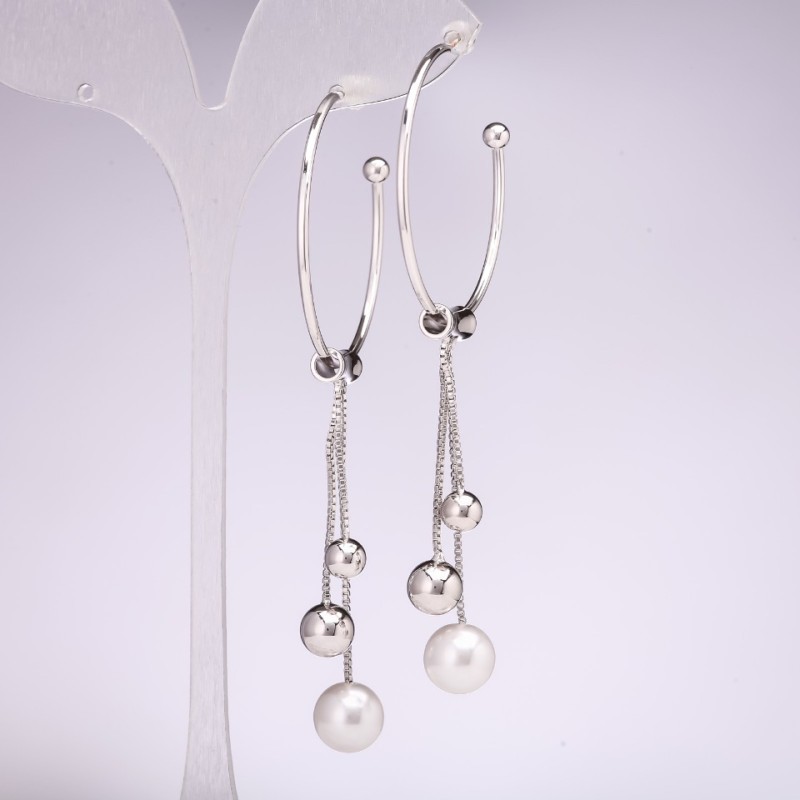 Hoop Earrings with Drops Series 925 White Beads 95x2mm Silver-Tone Metal