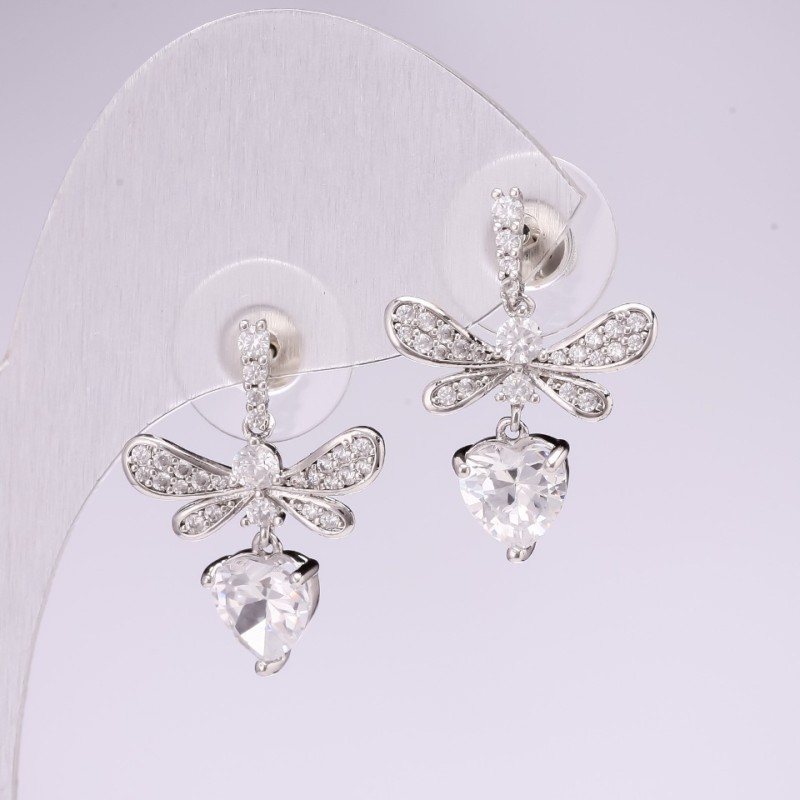 Stud Earrings Dragonflies Series 925 White Stones Rhinestones 23x17mm Silver-Tone Metal