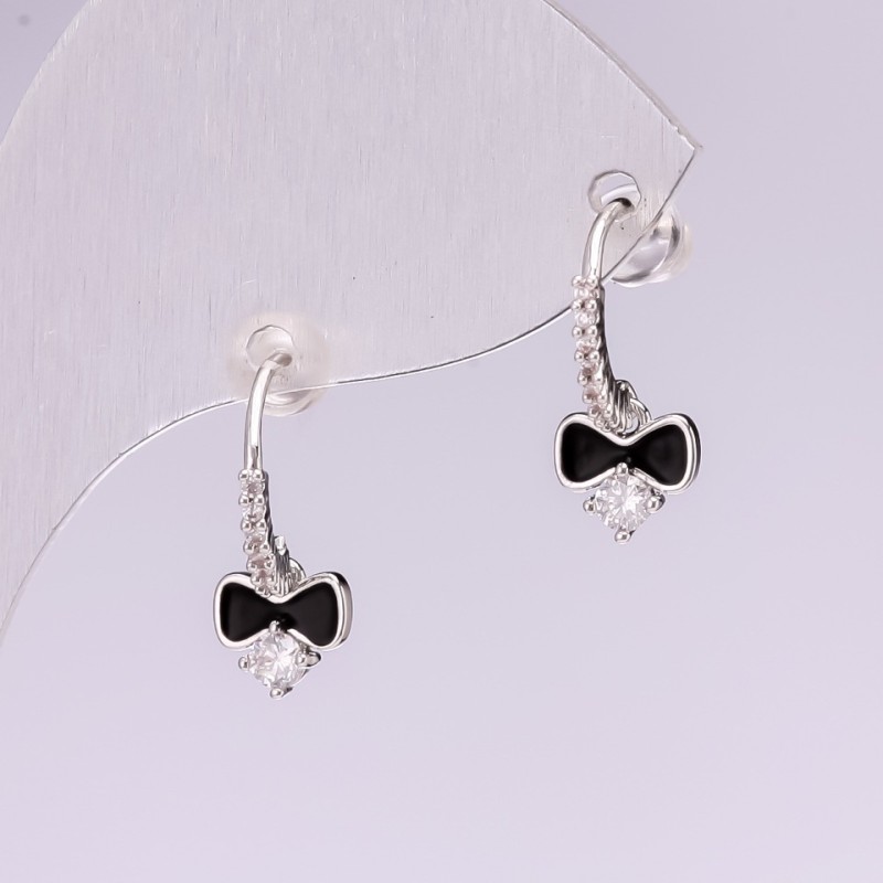 Bow Earrings Series 925 White Black Rhinestones Enamel 15x7mm Silver-Tone Metal