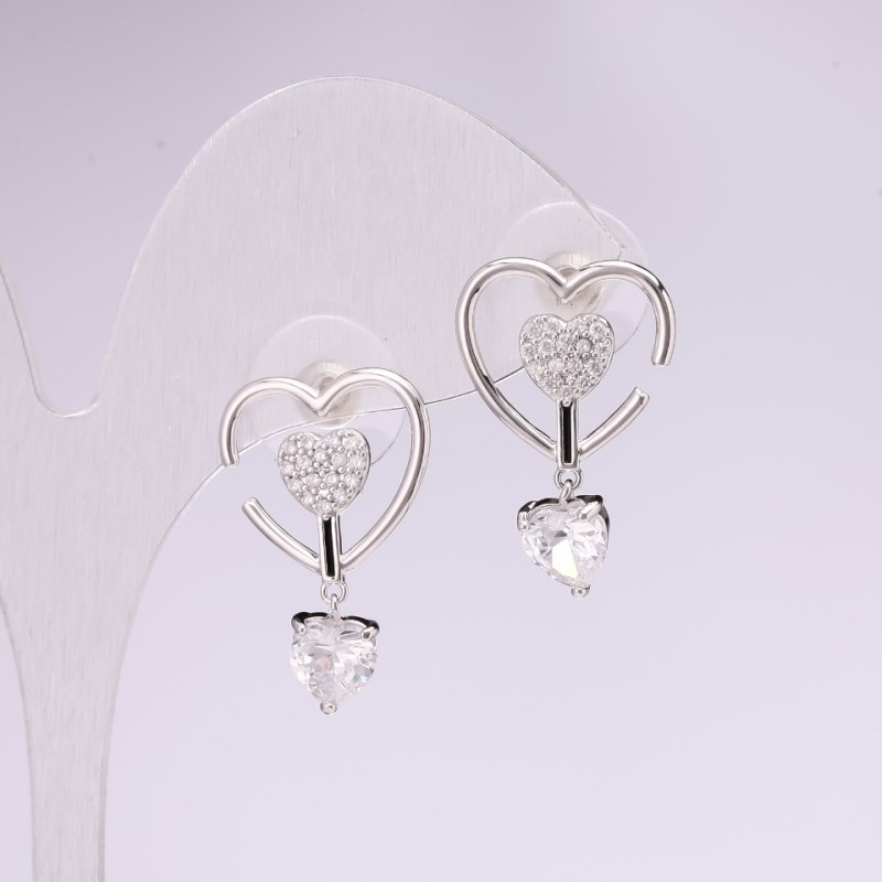 Stud Earrings Hearts Series 925 White Rhinestones 23x15mm Silver-Tone Metal