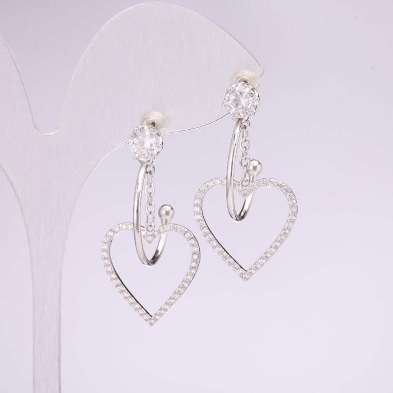 Stud Earrings with Heart Drops Series 925 White Rhinestones 35x18mm Silver-Tone Metal