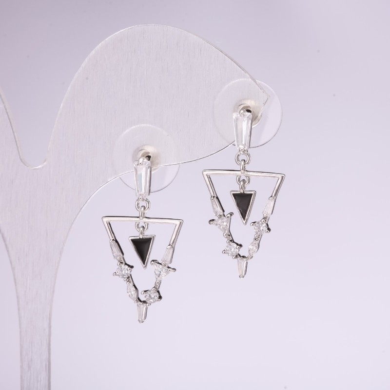 Stud Earrings Triangles Series 925 White Rhinestones 14x28mm Silver-Tone Metal