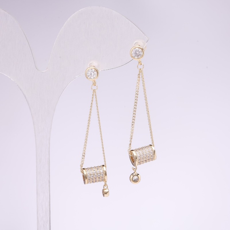 Drop Earrings Series 925 White Rhinestones 48x9mm Gold-Tone Metal