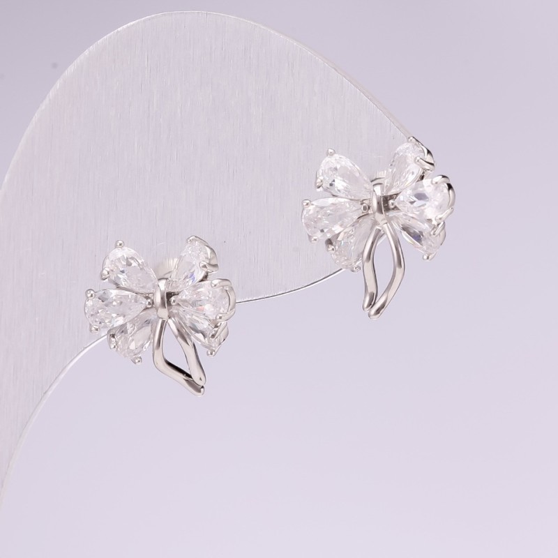 Bow Stud Earrings, 925 series, with white stones, 12x14mm, silver-tone metal