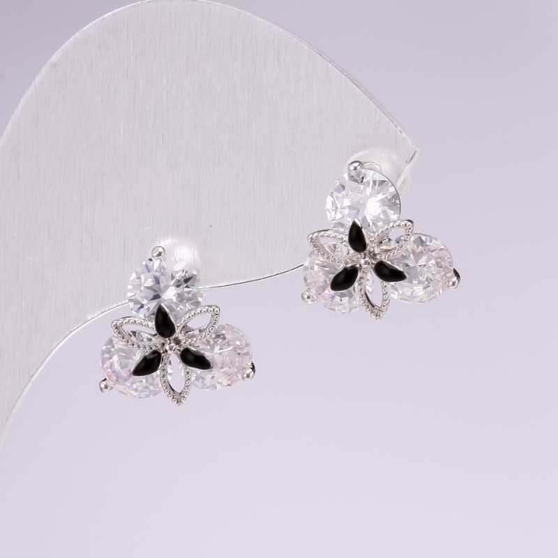 Stud Earrings, 925 series, with white and black stones, 13x13mm, silver-tone metal, Korea