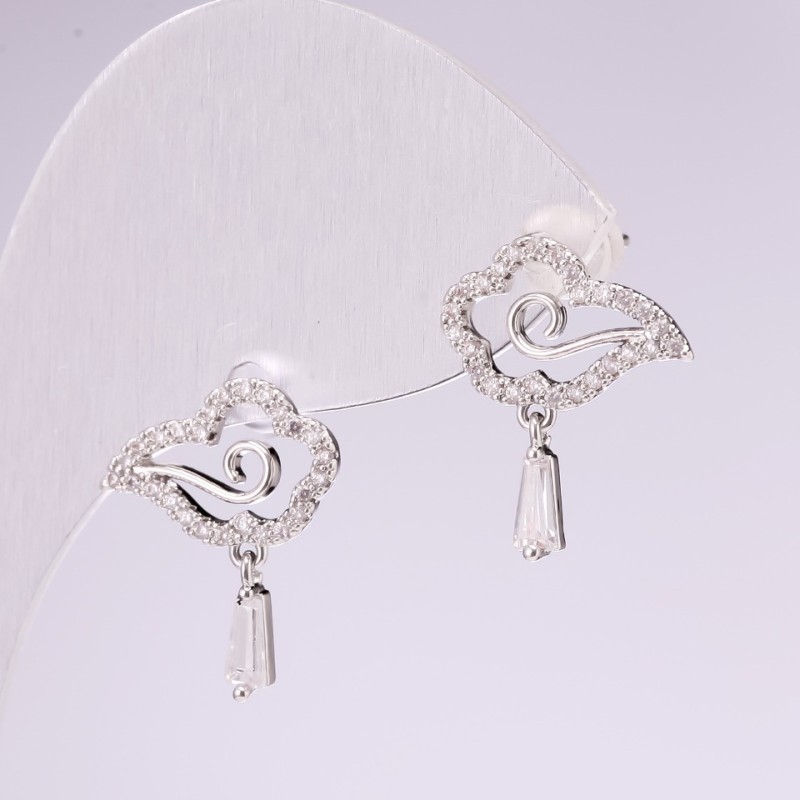 Stud Earrings, 925 series, with white rhinestones, 18x14mm, silver-tone metal