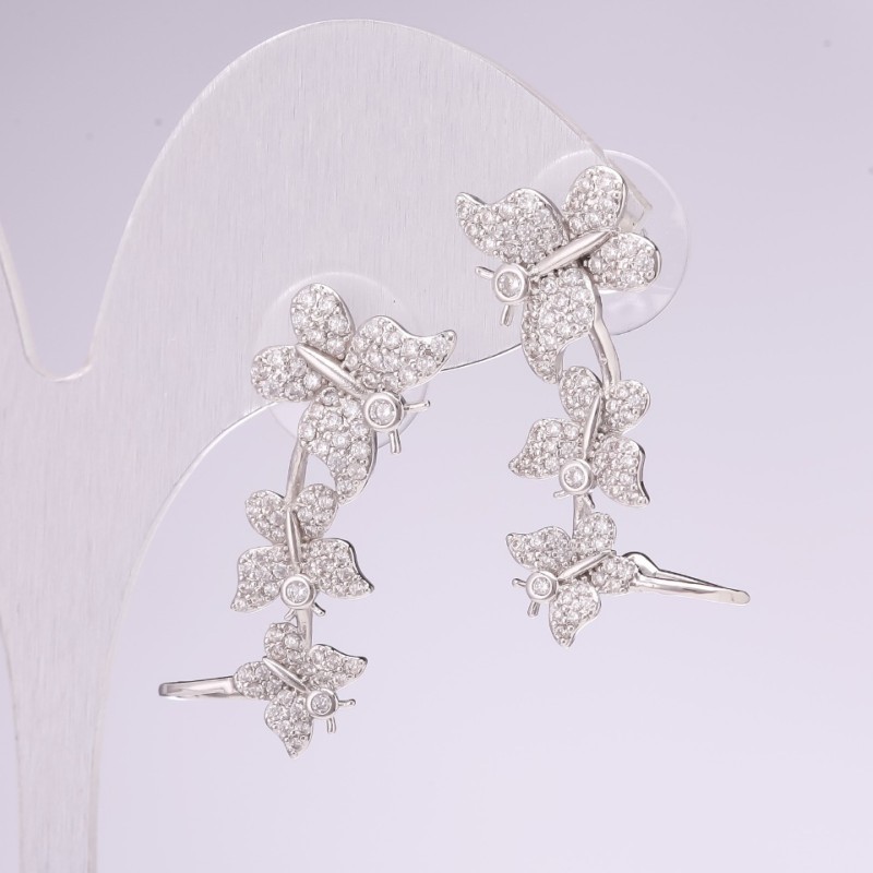 Butterfly Ear Cuffs, 925 series, with white rhinestones, 29x12mm, silver-tone metal