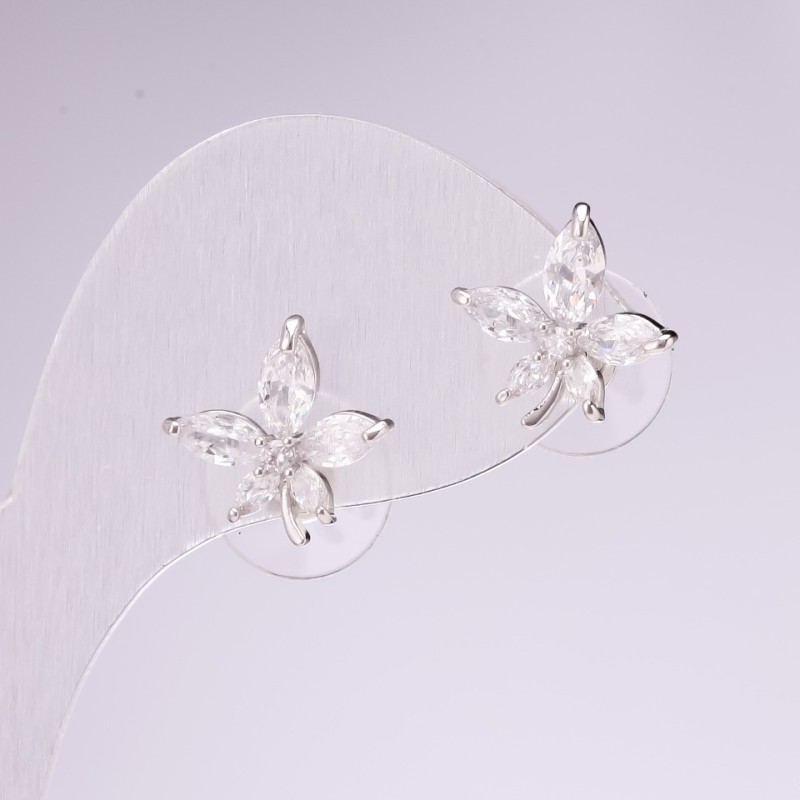 Leaf Stud Earrings, 925 series, with white stones, 14x14mm, silver-tone metal