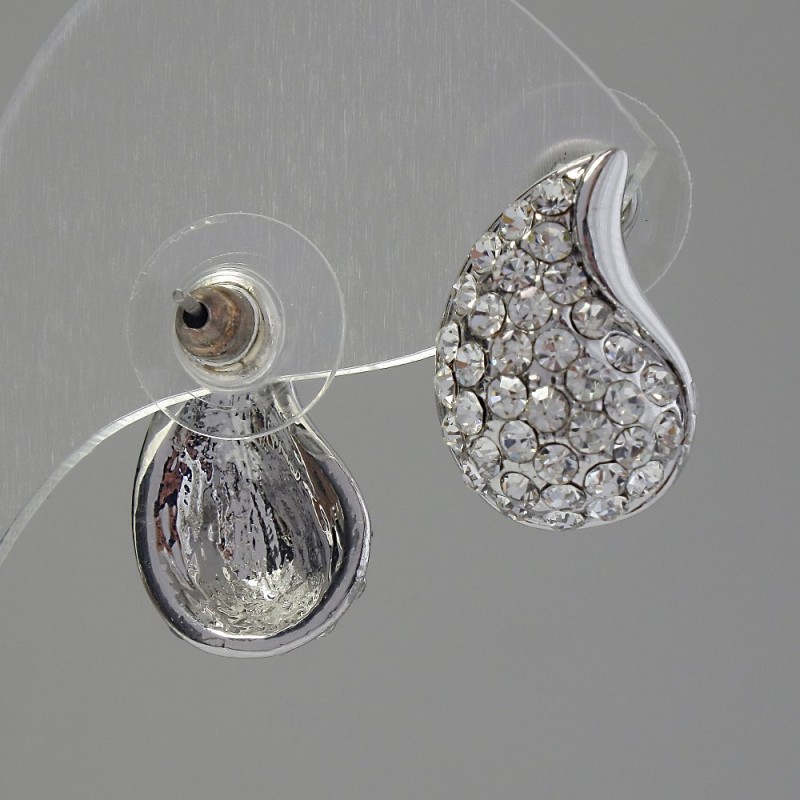 Stud Earrings with Rhinestones White Colour 12x18mm Silver-Tone Metal