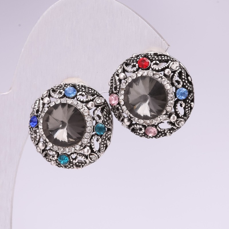 Evening Stud Earrings with Stones and Rhinestones, Grey Red Blue Green 25mm Silver-tone Metal