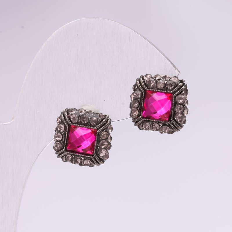 Evening Stud Earrings with Stones and Rhinestones Raspberry Grey 14mm Silver-Tone Metal