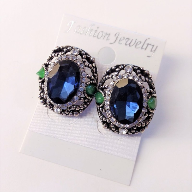 Evening Stud Earrings with Stones and Rhinestones Blue Green White 24x20mm Silver-Tone Metal